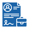 Icon of a blue resume with a briefcase, profile, and signature.
