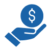 Blue icon of a hand holding a coin with a dollar sign.