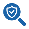 Blue shield with check mark under magnifying glass icon.